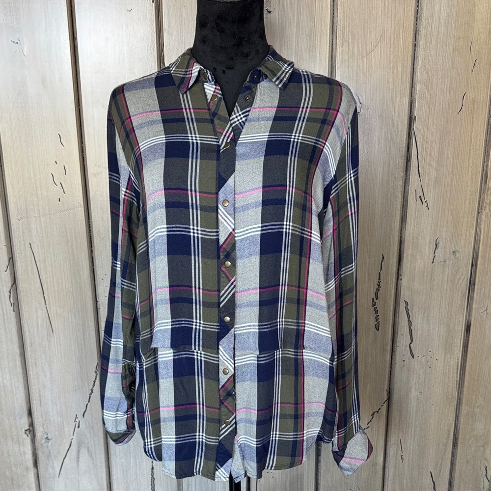 Kut from the Kloth Navy, Olive & White Plaid Button-Down Shirt